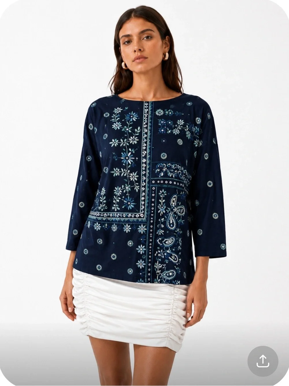 J.JILL Navy Floral Patchwork Boatneck Cotton Women's Top Size Medium